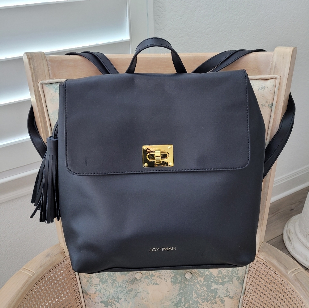 New Joy & IMAN Tassel Chic Black Leather Backpack with RFID